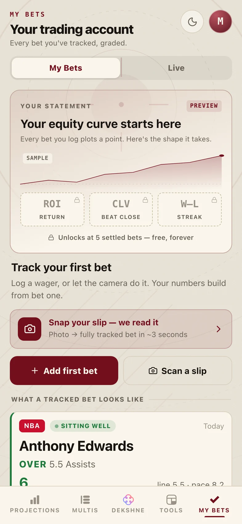 HaterPicks — Bet tracking: Snap a betslip — stake, odds and result logged.