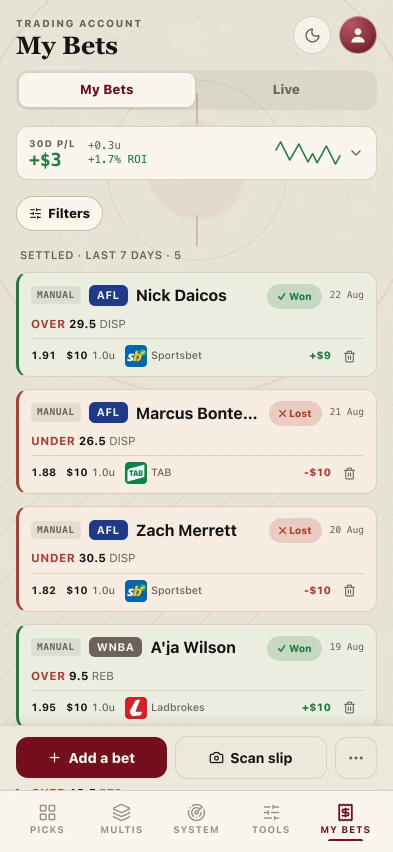 HaterPicks — Your record: Every bet tracked, graded, and counted.