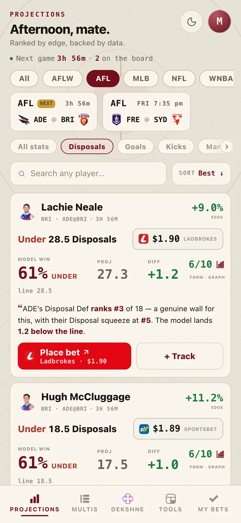The Projections board in the HaterPicks app — AFL disposals ranked by edge, with the best price at each bookmaker
